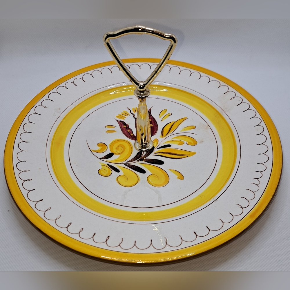 Vintage Stangl Provincial Yellow Tidbit or Appetizer Tray with Gold Handle MCM